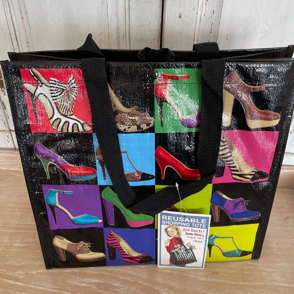 Reusable Handy Tote Bag with Graphic Shoe Design 14 "x14" Snap Closure
